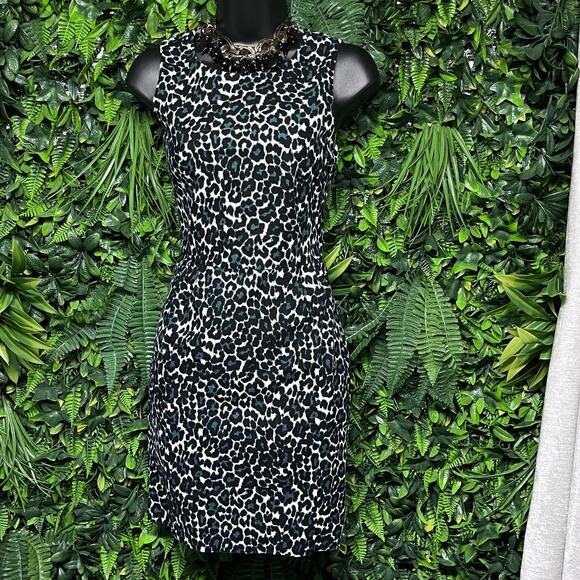 J CREW Dress Women 00 Black Green Leopard Pleated Sleeveless Sheath Career‎ 2665 - Picture 2 of 8